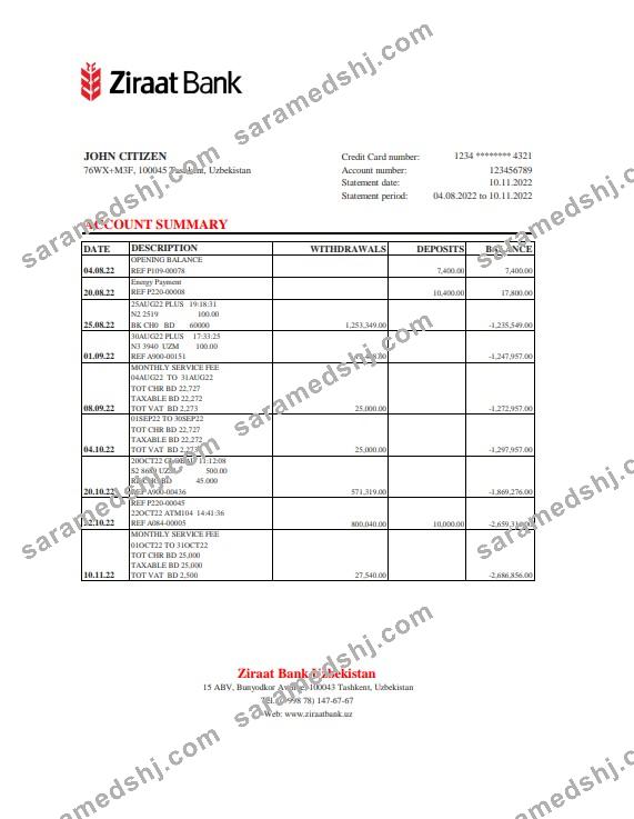Uzbekistan Ziraat Bank statement, Excel and PDF format